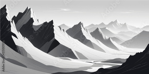 Snow-covered mountain peaks touch the sky in a vast winter landscape, showcasing nature's cold, alpine beauty