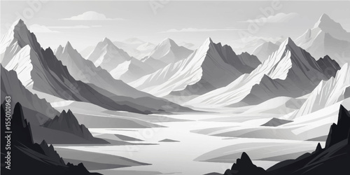 Cold winter mountain landscape with snow-capped peaks and clouds, a panoramic view of nature's high alpine range