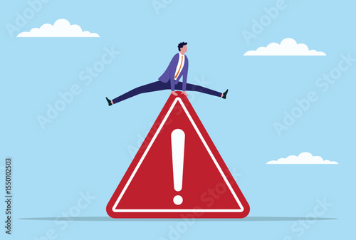 Vector illustration of a businessman jumping over a giant warning icon, representing the act of overcoming major risks, avoiding hazards, and successfully navigating business challenges
