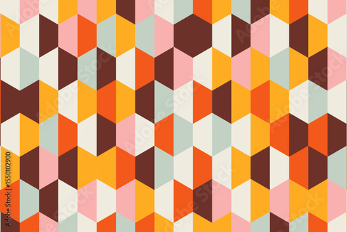 Seamless geometric pattern in orange, brown and beige colors. Bright mosaic
