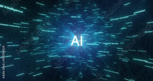 AI network connecting artificial intelligence terms like neural networks, machine learning, deep learning, and NLP. Abstract plexus data loop ideal for tech, science, or futuristic backgrounds.