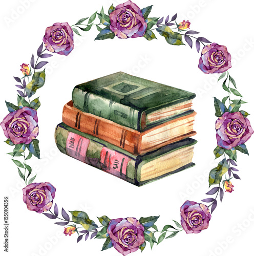 Watercolor books and pink rose wreath. Design of postcards, invitations, knowledge day