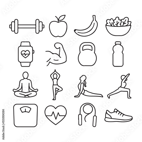 Collection of simple line art icons representing health and fitness activities