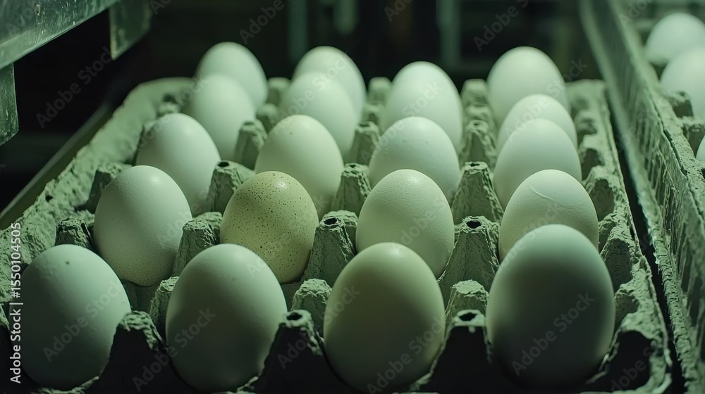 Obraz premium Freshly collected eggs arranged in trays inside a poultry farm during evening hours