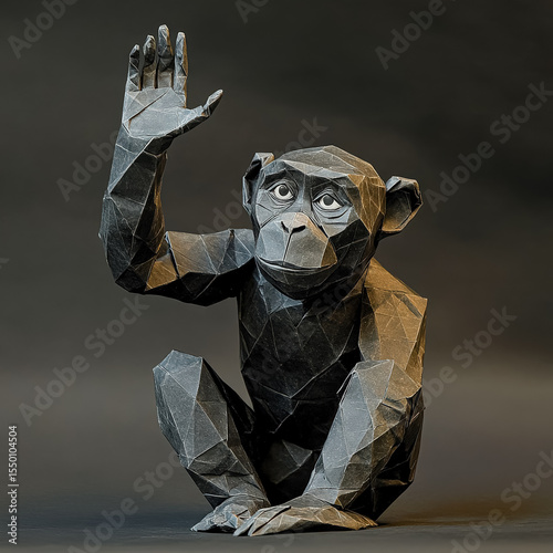 Paper cutout of a monkey is sitting on the ground with its hand raised in the