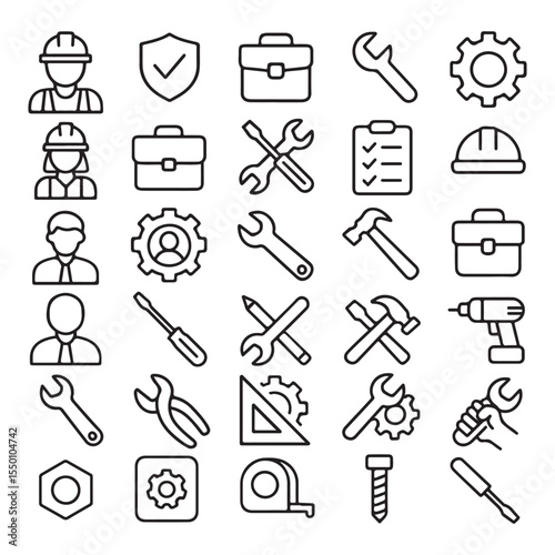 Collection of construction and repair icons including tools workers and safety equipment