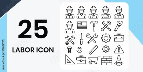 Collection of 25 line art icons representing labor and construction industry elements