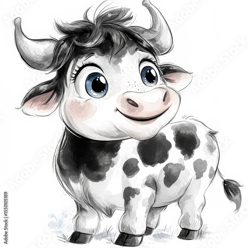 Cartoon cow with a black and white coat and a black horn