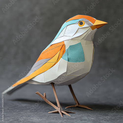 Paper bird with a blue head and orange