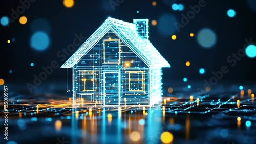 Luminous, abstract house rendered with network of glowing lines, surrounded by blurred data points, representing digital homes and smart technology