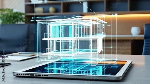Glowing blue digital wireframe of multi-story building projected onto a tablet screen illustrating modern design and construction technologies
