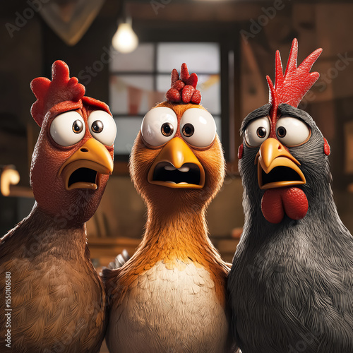Three cartoon chickens are standing in front of a window