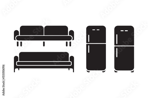 Minimalist Sofa and Fridge Icon Set Furniture and Appliance Vector Symbols