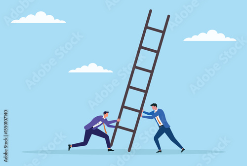 Vector illustration of two businessmen trying to lift up a ladder, symbolizing partnership, teamwork, and collective effort to reach new heights and overcome obstacles
