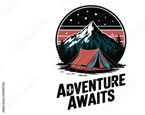 Adventure Awaits – Camping Life T-shirt with vintage tent, mountain, and campfire. Perfect for hikers, nature lovers, and outdoor trips. Great for POD, travel wear, and rustic apparel.