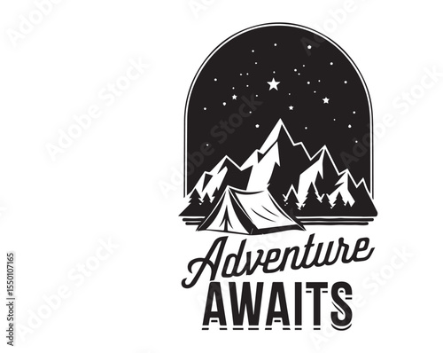 Adventure Awaits – Camping Life T-shirt with vintage tent, mountain, and campfire. Perfect for hikers, nature lovers, and outdoor trips. Great for POD, travel wear, and rustic apparel.
