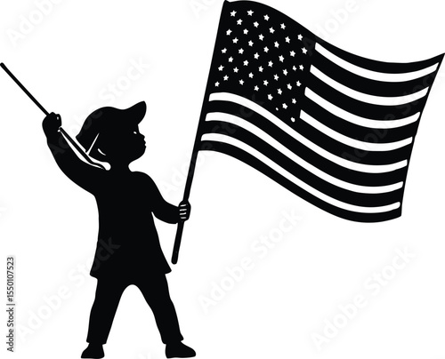 Child Waving American Flag Silhouette Scene, Patriotic Kid Holding Flag Silhouette