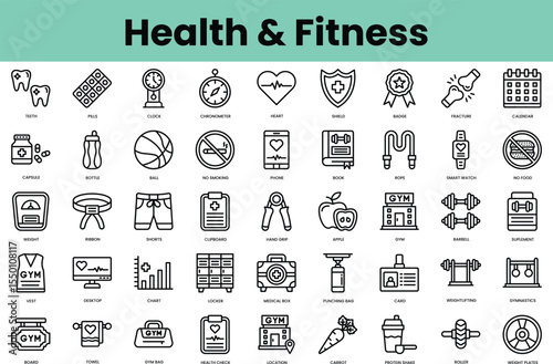 Set of health and fitness icons. Linear style icon bundle. Vector Illustration