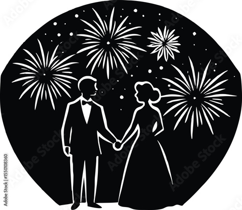 Couple Holding Hands Under Fireworks Silhouette, Romantic Fireworks Night Silhouette