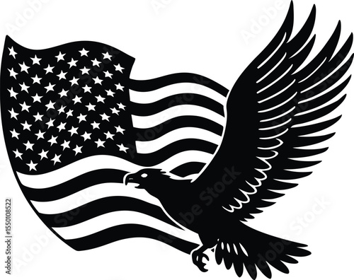 Flying Eagle with American Flag Silhouette, Eagle Soaring Over Flag Silhouette
