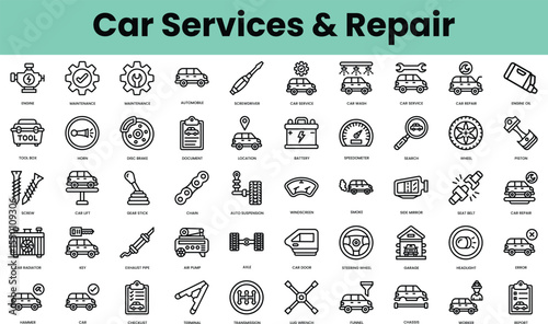 Set of car services and repair icons. Linear style icon bundle. Vector Illustration