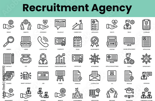 Set of recruitment agency icons. Linear style icon bundle. Vector Illustration
