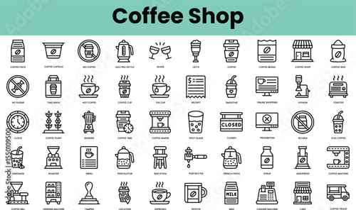 Set of coffee shop icons. Linear style icon bundle. Vector Illustration