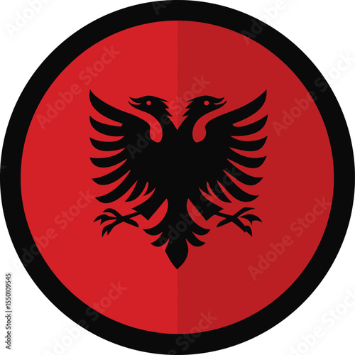 circular vector icon of albania flag with black double-headed eagle on red background and black border, flat design isolated on white