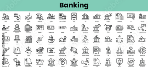 Set of banking icons. Linear style icon bundle. Vector Illustration