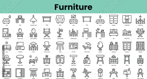 Set of furniture icons. Linear style icon bundle. Vector Illustration