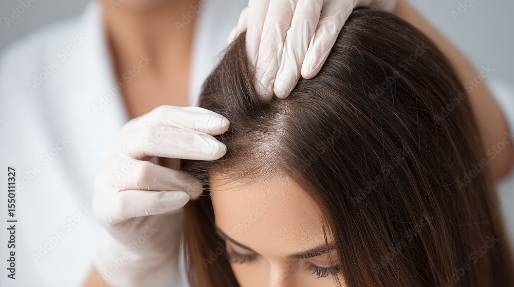 Naklejka premium Woman receiving hair examination by trichologist wearing gloves at a medical office for scalp health assessment