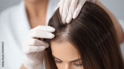 Woman receiving hair examination by trichologist wearing gloves at a medical office for scalp health assessment