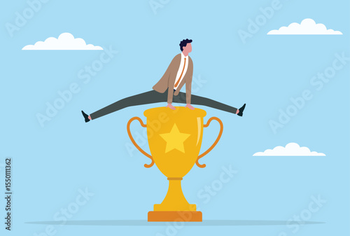 Vector illustration of a businessman jumping over a golden trophy, symbolizing surpassing success, overcoming achievements, or striving beyond recognition in the business world
