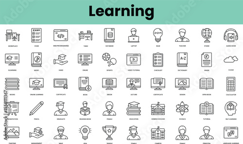 Set of learning icons. Linear style icon bundle. Vector Illustration