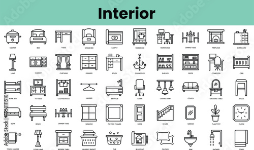 Set of interior icons. Linear style icon bundle. Vector Illustration