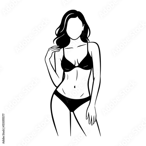 Minimalist black and white line drawing of a faceless woman in a bikini. The elegant, stylized pose highlights feminine curves, often used for beauty, fashion, swimwear, or body illustration themes.

