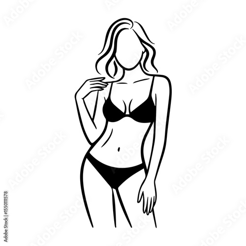 Minimalist black and white line drawing of a faceless woman in a bikini. The elegant, stylized pose highlights feminine curves, often used for beauty, fashion, swimwear, or body illustration themes.

