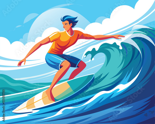 Dynamic action shot of a surfer riding a powerful surfing boat vector art design 