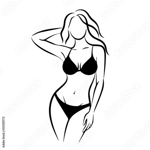 Minimalist black and white line drawing of a faceless woman in a bikini. The elegant, stylized pose highlights feminine curves, often used for beauty, fashion, swimwear, or body illustration themes.

