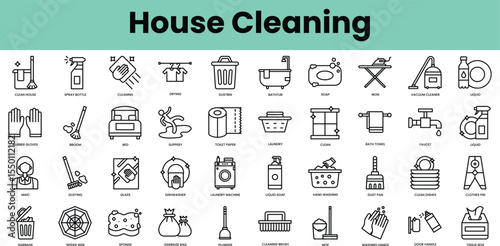 Set of house cleaning icons. Linear style icon bundle. Vector Illustration