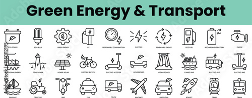 Set of green energy and transport icons. Linear style icon bundle. Vector Illustration