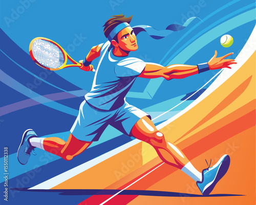 Dynamic action shot of a tennis player hitting a ball with tennis bat vector art design 