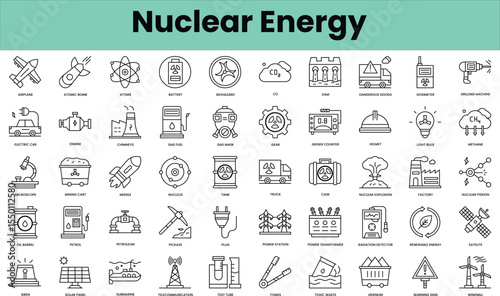 Set of nuclear energy icons. Linear style icon bundle. Vector Illustration