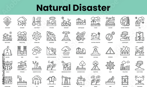 Set of natural disaster icons. Linear style icon bundle. Vector Illustration