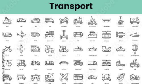 Set of transport icons. Linear style icon bundle. Vector Illustration