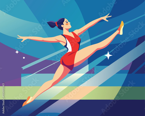 Dynamic gymnast performing an elegant split leap motion vector art design 