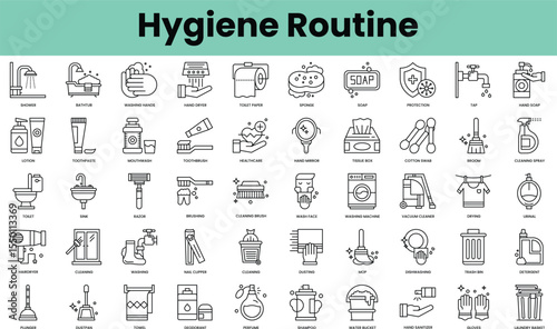 Set of hygiene routine icons. Linear style icon bundle. Vector Illustration