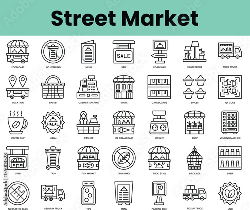 Set of street market icons. Linear style icon bundle. Vector Illustration