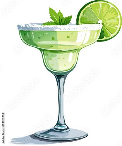 A refreshing margarita cocktail in a stemmed glass, garnished with a lime wedge and mint sprig.