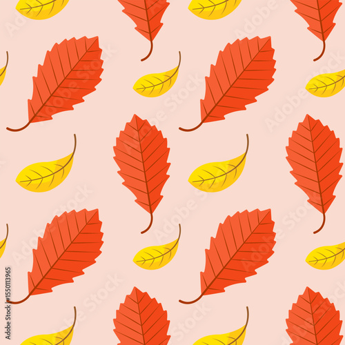 Autumn leaves seamless pattern in red and yellow. Fall foliage for seasonal design. Vector illustration.
